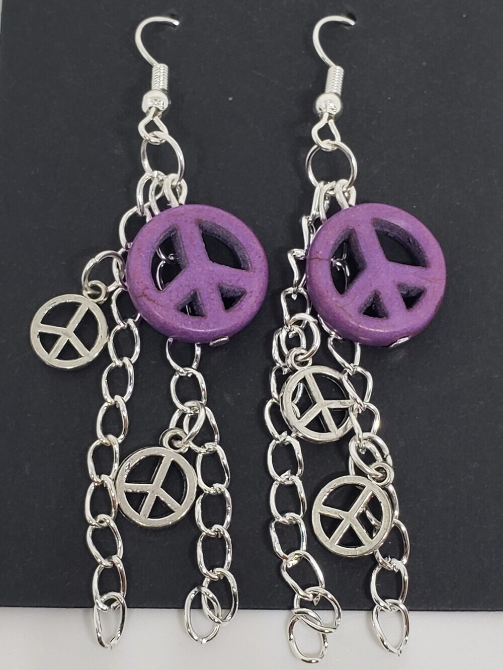 Handmade Purple Silver Metal Peace Chain Dangle Earrings